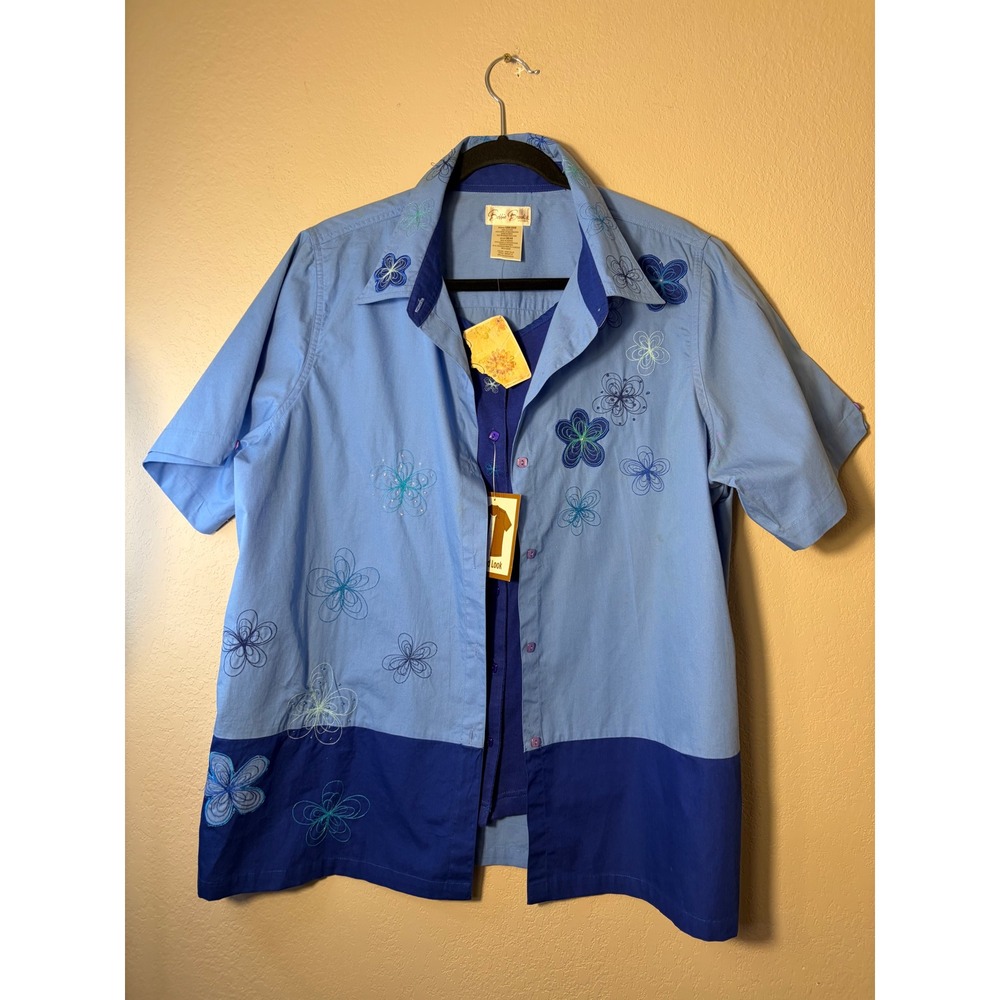 Bobbie Brooks Woman Blue Floral Embroidered‎ Layered Look Shirt 18W/20W NWT